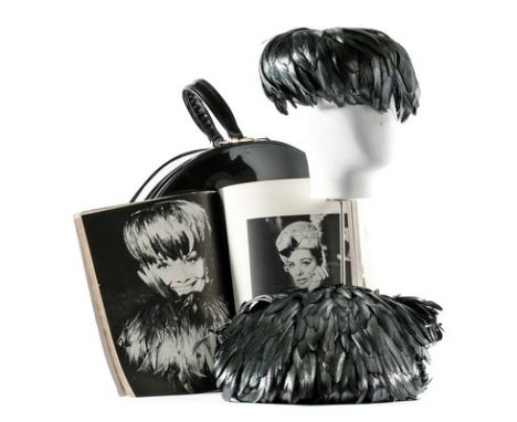 Audrey Hepburn's Jacques Fath cockerel feather hat and matching muff, 1956, with Jacques Fath Paris label to interior, the si