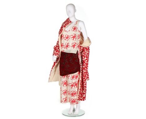 A Comme des Garçons red and white flocked cotton ensemble, 'Blooming Flowers' collection, Autumn-Winter, 1996, labelled and s