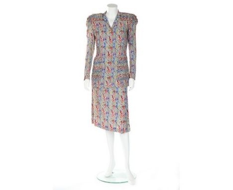 A rare Premet couture printed silk crêpe ensemble, circa 1940, labelled, the jacket with ruched gathers to the massive padded