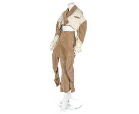 A rare John Galliano tan elephant cord ensemble, 'The Ludic Game' Autumn-Winter, 1985-86, labelled John Galliano 1, comprisin