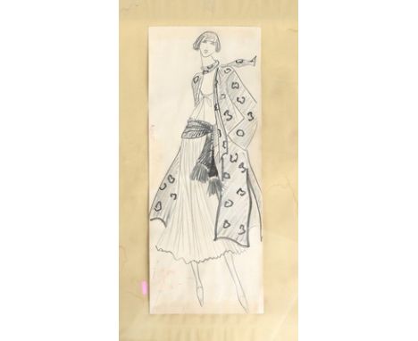 An original Yves Saint Laurent fashion sketch, Spring-Summer 1977 couture, signed, pencil and ink, the model's ensemble with 
