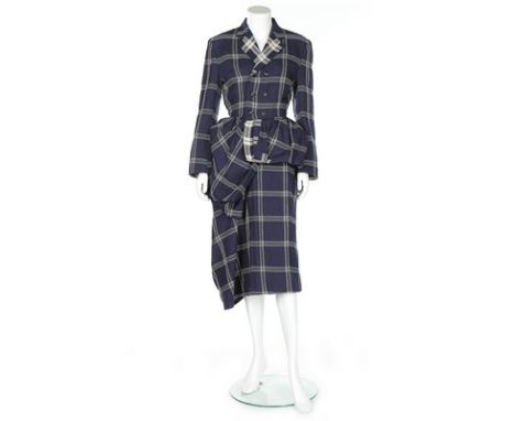 A Comme des Garçons navy and white checked wool ensemble, Autumn-Winter, 1986-87, labelled and size M, the double breasted ja