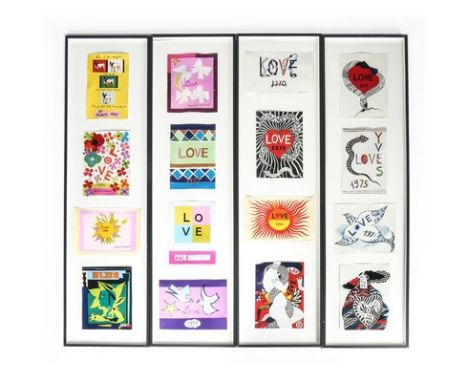 A collection of framed and mounted Yves Saint Laurent 'Love' cards, 1970-1999, complete run of years with the exception of 19