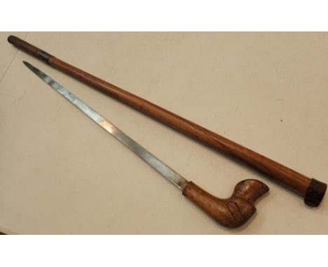 Antique mahogany sword stick with carved dog head handle blade 54 cm 