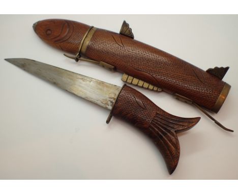 Far Eastern carved fish knife and fork serving set