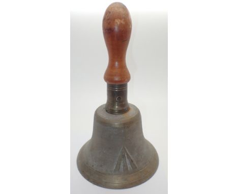 WWII heavy cast brass hand bell with military arrow
