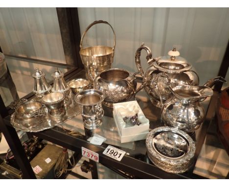 Shelf of silver plated ware including John Turton tea set 