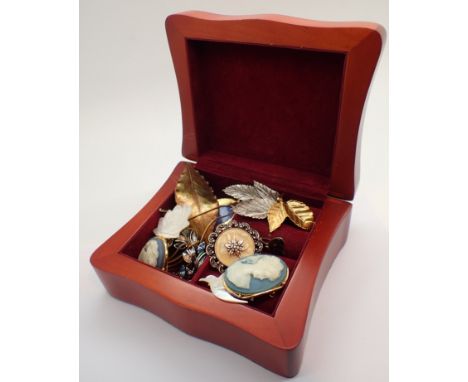 Wooden jewellery box with brooch contents including Mother of Pearl and some silver 