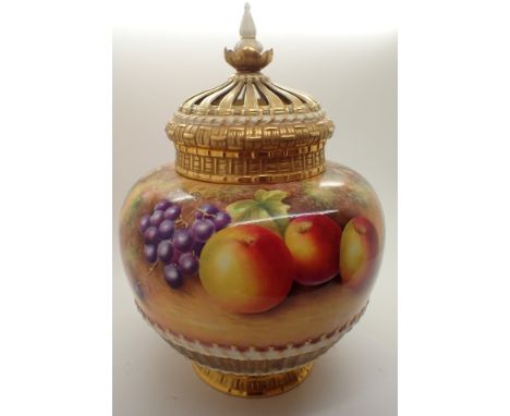 Royal Worcester Fallen Fruits ornate lidded pot pourri painted by Brian Leaman H: 21.5 cm to the top of the finial  CONDITION