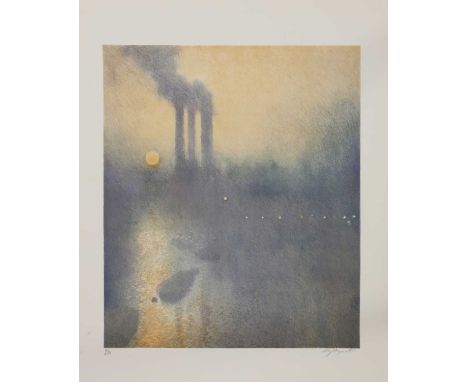 *Derek Mynott (1926-1994) 'A View of the Thames from Lots Road' lithograph in colours, signed 'D Mynott' in pencil l.r., and 