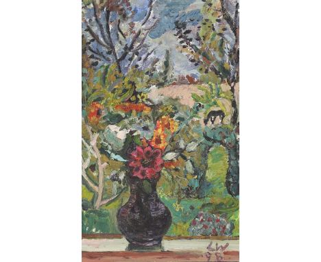 *Linda Weir (b.1951) A still life of flowers, a view through the window beyond signed with initials and dated '98 l.r., oil o