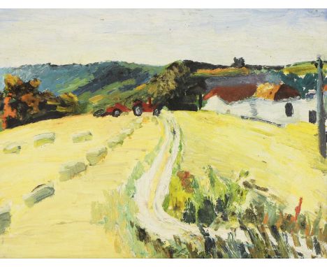 *Rod Hill (20th century) Bourg de Visa, South West France, landscape with tractor, oil on board 38 x 49cm Rod Hill studied at