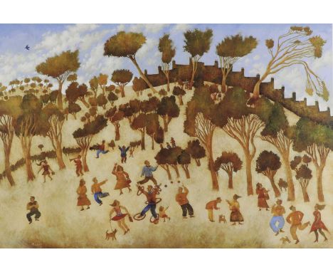 Harry Bilson (Icelandic, b.1948) People meeting in the park offset lithograph in colours on canvas, signed and dated 'Bilson/