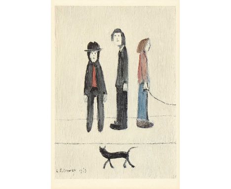 *Laurence Stephen Lowry RA (1887-1976) 'Three Men and a Cat' offset lithograph in colours, with the impression of a signature