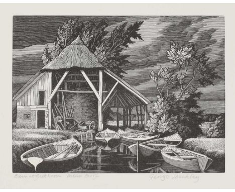 *George Mackley MBE (1900-1983) 'Barn at Giethoorn' (Netherlands) 'Church Path'; 'Broken Willow' wood engraving, the first si