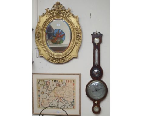 A gilt wall mirror, 70cm high x 56cm wide and a mahogany barometer (2) Condition Report: Available upon request