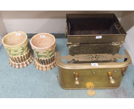 A pair of ceramic planters, a coal box and fender (4) Condition Report: Available upon request