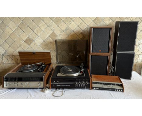A Garrard SP 25 MK IV Synchronous motor, Hacker Centurion MK II high fidelity unit, National Panasonic record player plus 2 x