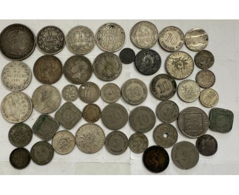 Various old world coinage to include 1866 1 markka, 1874 1 Mark, 1881 Chile 20 cents, 1862 Portugal 200 Reis, 1892 Portugal 2