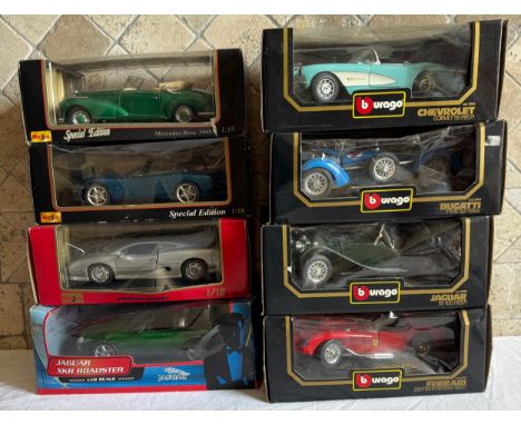 Diecast models to include Maisto and Burago: Chevrolet Corvette (1957), Bugatti Type 59 (1934), Jaguar SS100 (1937), Ferrari 