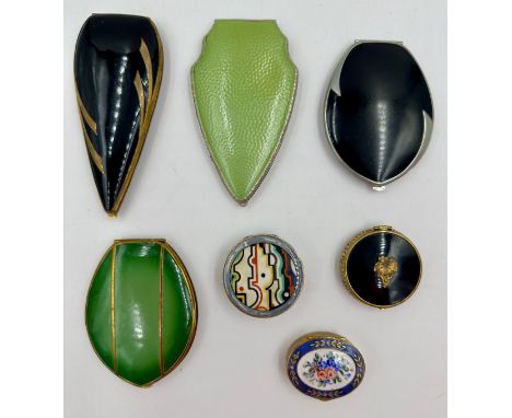 Collection of seven enamelled compacts to include three Elgin compacts, a pale green art deco, a hallmarked silver compact wi