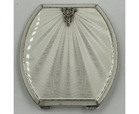 A George V silver and ivory guilloche enamelled compact in the form of a handbag with marcasite embellishment by Adie Brother