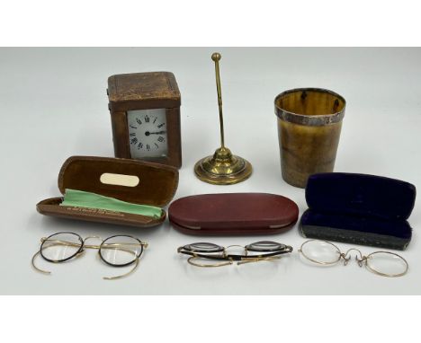 An assortment to include a horn cup with engraved white metal rim 9cm h, an invoice brass spike, 3 pairs of vintage spectacle