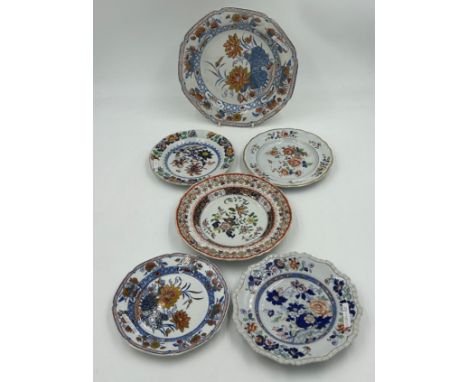 Six Ironstone plates to include 2 x James Donovan of Dublin soup dish and side plate, Masons mandarin, Ashworth etc. Largest 