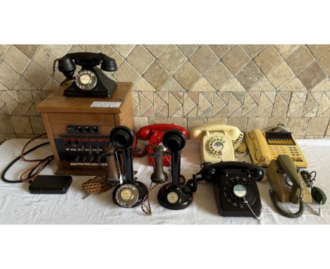 A collection of vintage telephones to include: 1986 PBT 600, 1977 G.P.O. 722 green Trimphone, 1967 GPO red 706, 1966 Ivory 70