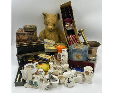 Vintage growling Teddy 46cm long, French porcelain headed doll 26 France SFFJ 60 Paris, Two brass pestle and mortars along wi