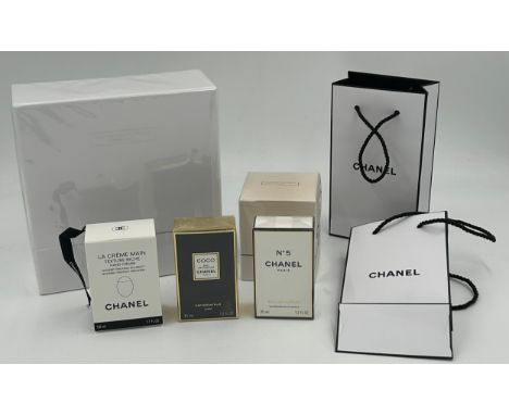 Perfumes and toiletries to include: sealed Chanel No 5 eau de parfum 35ml, sealed Chanel Coco eau de parfum 35ml, Chanel hand