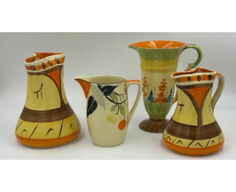 Myott Son &amp; Co hand painted Art Deco vases to include Trumpet shaped jug 21.5cm 9636 reg.no.779152, two Pinch Neck jugs t