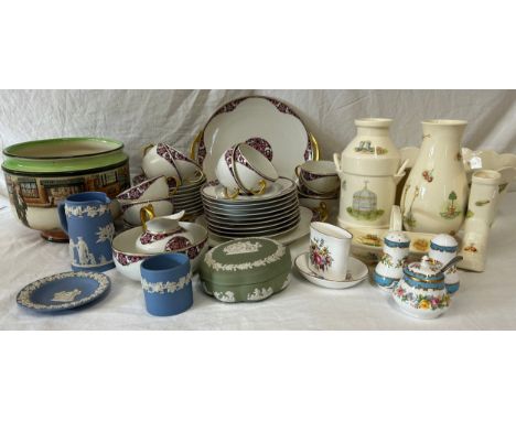 Ceramics to include Aynsley Edwardian Kitchen Garden bulb planter, 2x vase, boot and trinket basket. Wedgewood Jasperware, Ro