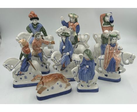 A collection of Rye Pottery 'Canterbury Tales' figures on horseback to include The Doctor of Physic, The Dyer, The Reeve, The
