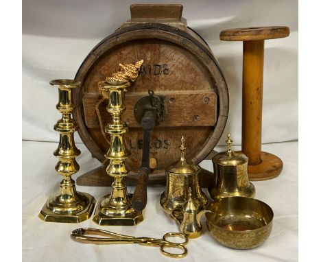 Vintage items : a heavy coopered butter churn marked 'Wade Leeds' 38cm h together with a wood bobbin and various brass items 