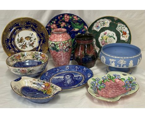 Collection of Maling lustre pottery to include Hummingbird plate #6305, Peony rose design bowl and matching dish, pink vase #