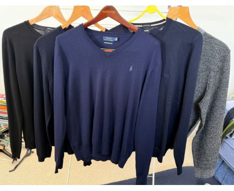 Four Boss merino wool jumpers and a Polo Ralph Lauren merino wool jumper. All size L. (5)