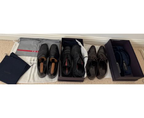 Four pairs of various Prada shoes, all size UK 10 or 44 with 2 boxes and bags.