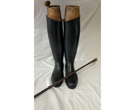 A pair of black leather riding boots size 44 , Made in France with wooden trees marked Bartley &amp; Sons Boot Makers, Oxford
