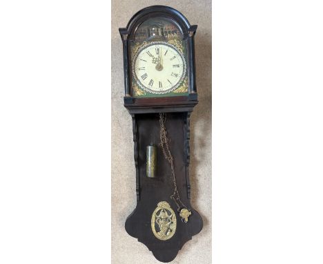 A 19thC Dutch Frisson wall clock with walking soldier automaton. 125cm l x 40.5cm at widest point. With weight, no pendulum.