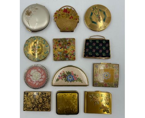 Twelve vintage compacts with floral designs to include: 2 x Zenette, Mascot A.S.B. in the form of a basket of flowers with ha