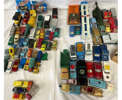 A collection of Corgi, Dinky, Matchbox and Triang die cast vehicles to include Commer bus, Smiths karrier van, Chevrolet Impa