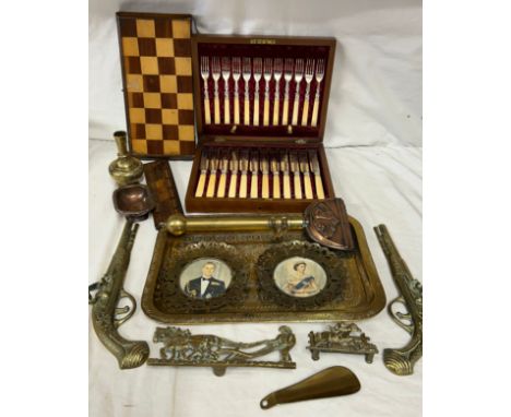 A miscellany to include a boxed set of plated Walker &amp; Hall cutlery, an Indian brass tray, a pair of wall hanging half pi