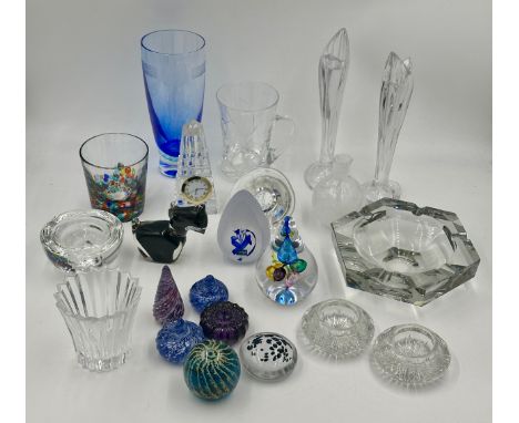 A collection of glassware to include: Baccarat crystal Thousand Night vase, a pair of Waterford Marquis candlesticks 25cm h, 