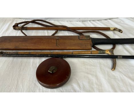 Items to include: a horn handled riding crop and horse whip, a vintage Rabone's metallic wired tape measure in leather-covere