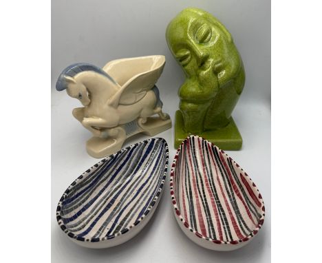 Gorka Géza (1895-1971) Art Deco woman with a bird, 18cm h, two Rye pottery dishes and a Wade Pegasus. (4)