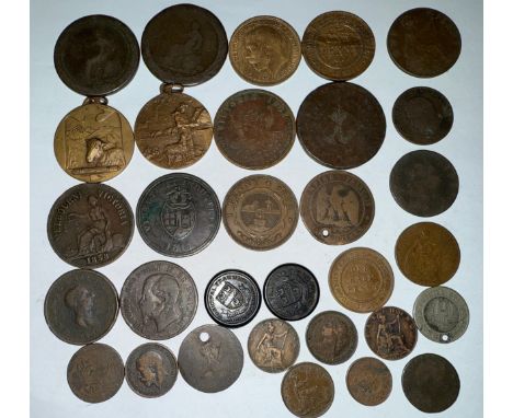Various coins to include Cartwheel Pennies, Pennies, 1862 Napoleon, 1811 British Bath &amp; Copper One Penny, 1858 Hide &amp;