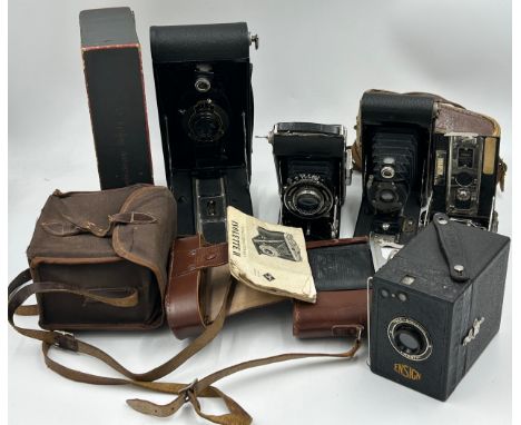 A collection of vintage cameras to include Pronto Radionar f:4.5 F=10.5cm Schneider-Krouznach, Ensign All Distance Twenty by 