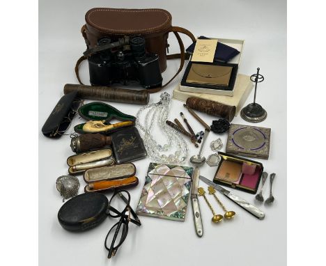 A miscellany of items to include silver spoon Birmingham 1932 William Hair Haseler, 2 x silver watch fobs, mother of pearl ca