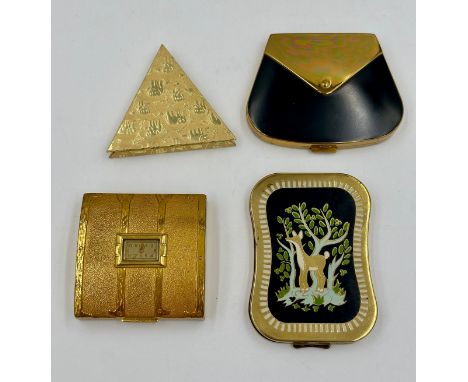 Collection of four compacts to include a Volupte black and brass purse, a Helen Rubinstien compact with an enamel image of a 